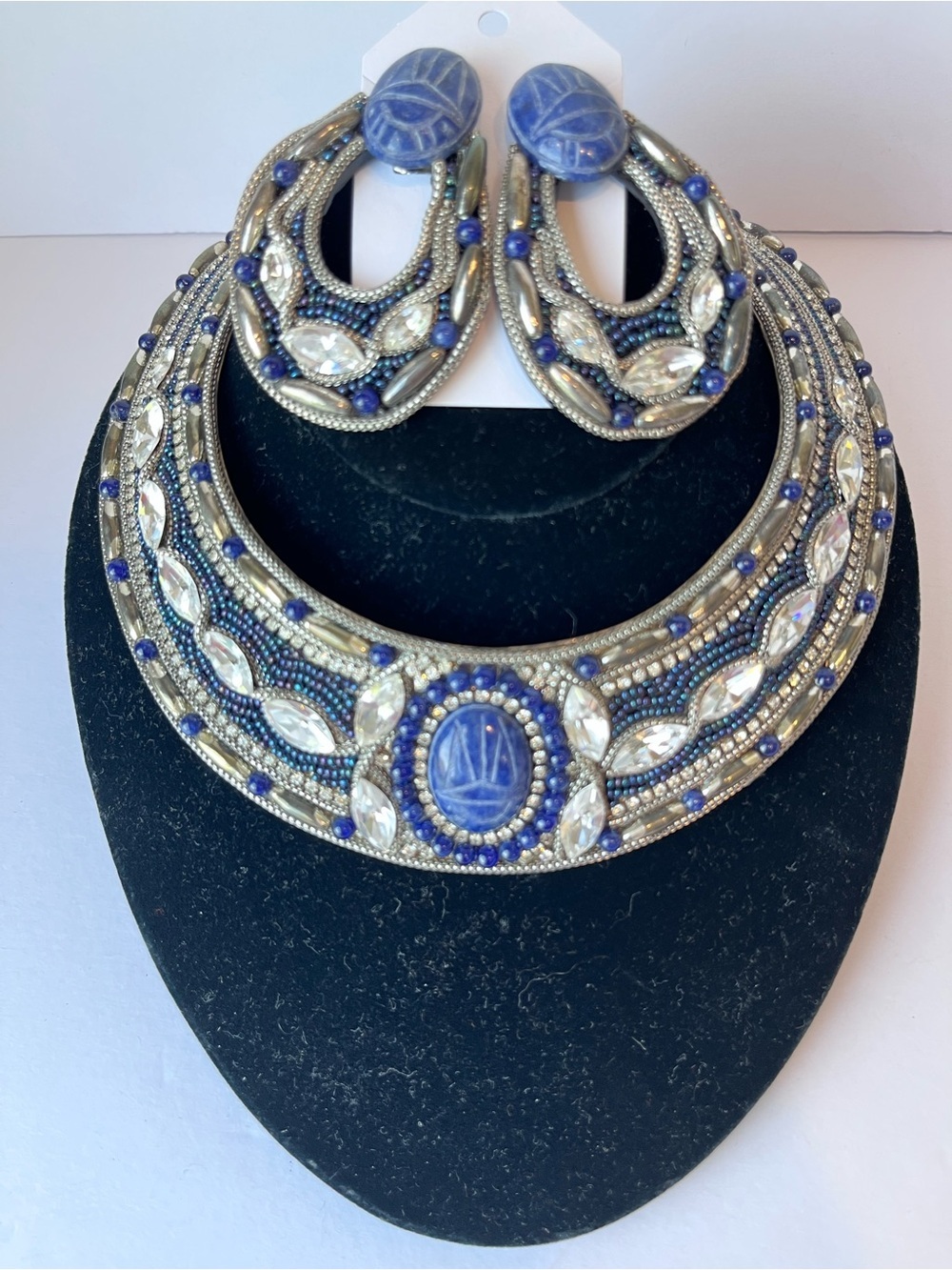Vintage M&J Hansen Signed Beaded Choker & Earrings Blue Scarab Designer Estate